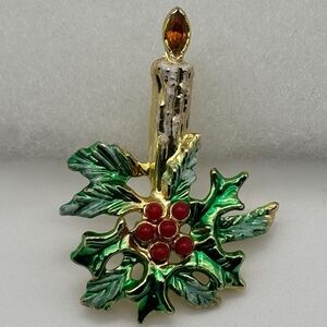 Vintage Christmas Candle Pin Signed "BJ" Gold Tone Metal Rhinestone Flame Signed